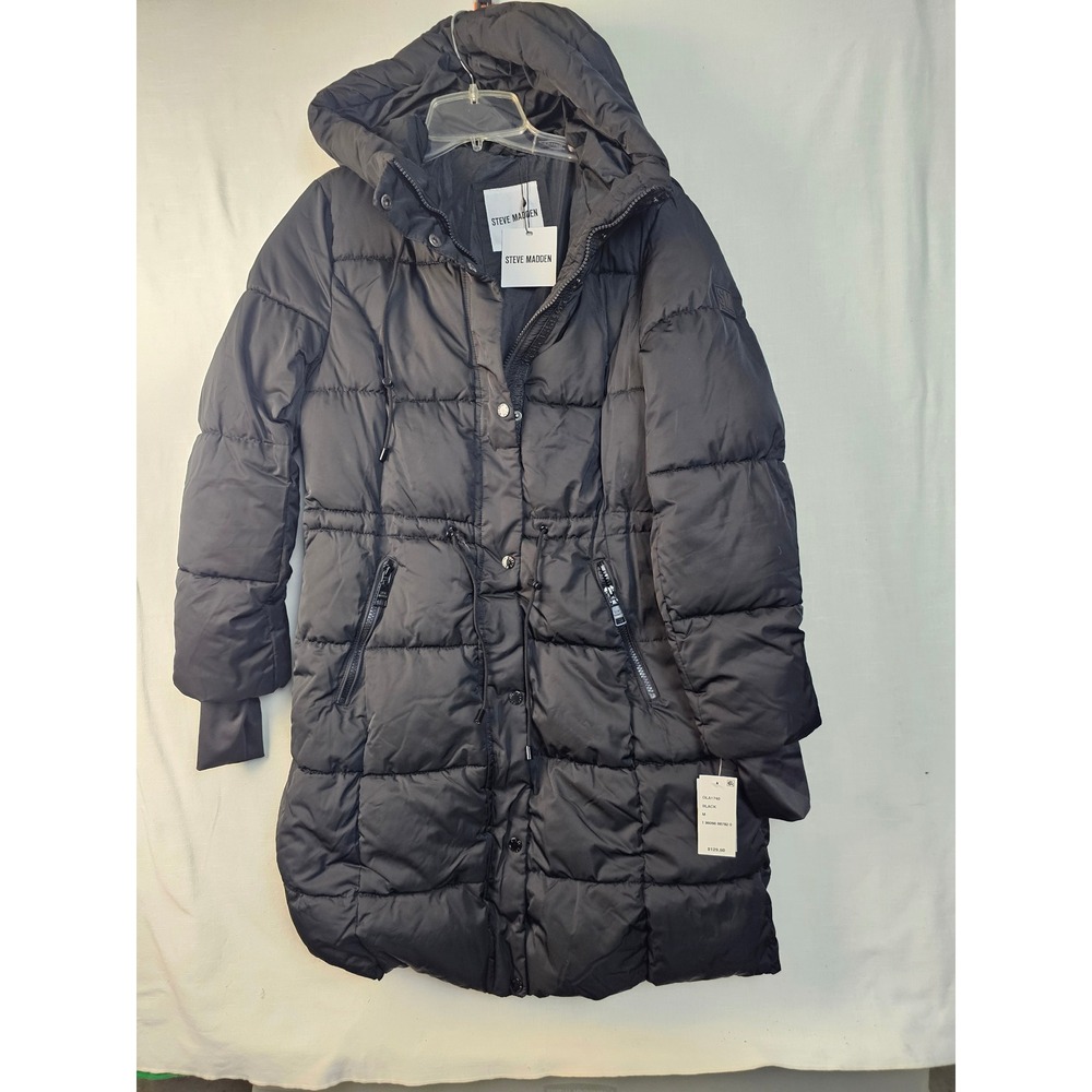 Steve Madden Womens Black Puffer Coat Hooded Mid-Length Parka OLA1740 Size M NWT